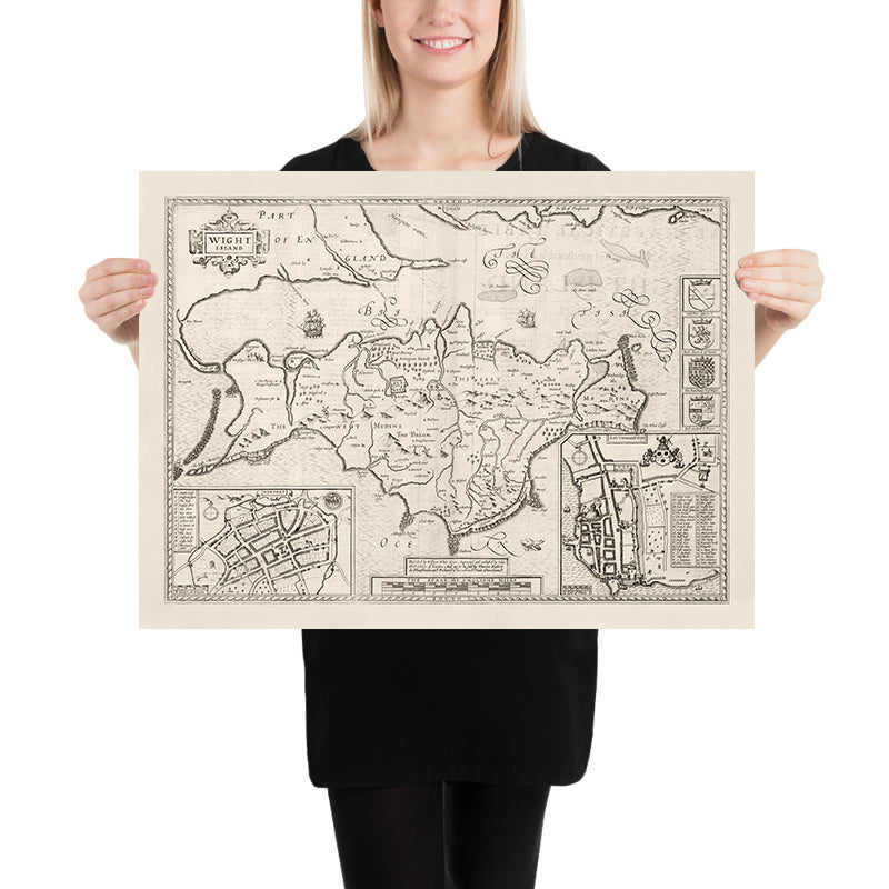 Old monochrome Carte of Isle of Wight, 1611 par John Speed ​​- Newport, Ride, Cowes, Sandown, Shanklin, Southampton
