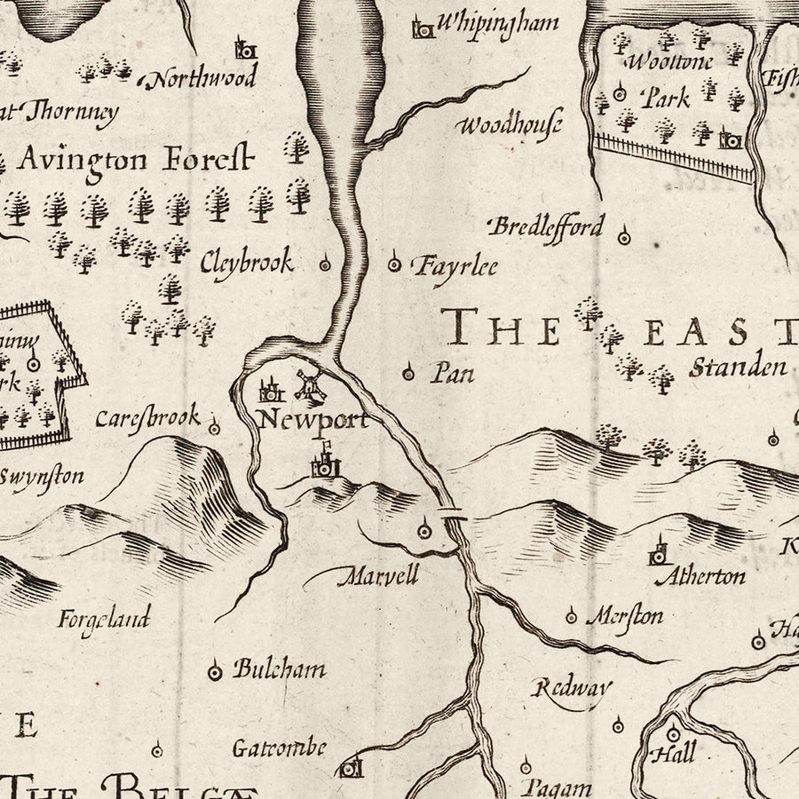 Old monochrome Carte of Isle of Wight, 1611 par John Speed ​​- Newport, Ride, Cowes, Sandown, Shanklin, Southampton