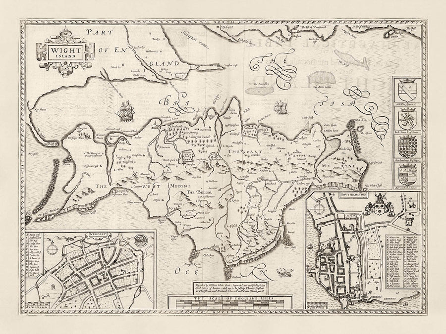 Old monochrome Carte of Isle of Wight, 1611 par John Speed ​​- Newport, Ride, Cowes, Sandown, Shanklin, Southampton