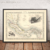 Antica mappa dettagliata di Panama di Tallis, 1851: Canale di Panama, Oceano Pacifico, Mare dei Caraibi, fiume Chagres, Cordillera de San Blas 