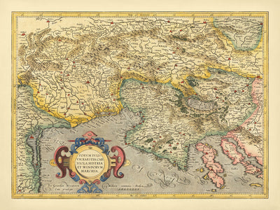 Old Map of Slovenia, Croatia, and Italy by Mercator, 1619: Ljubljana, Trieste, Istria, Karst, Gulf of Venice