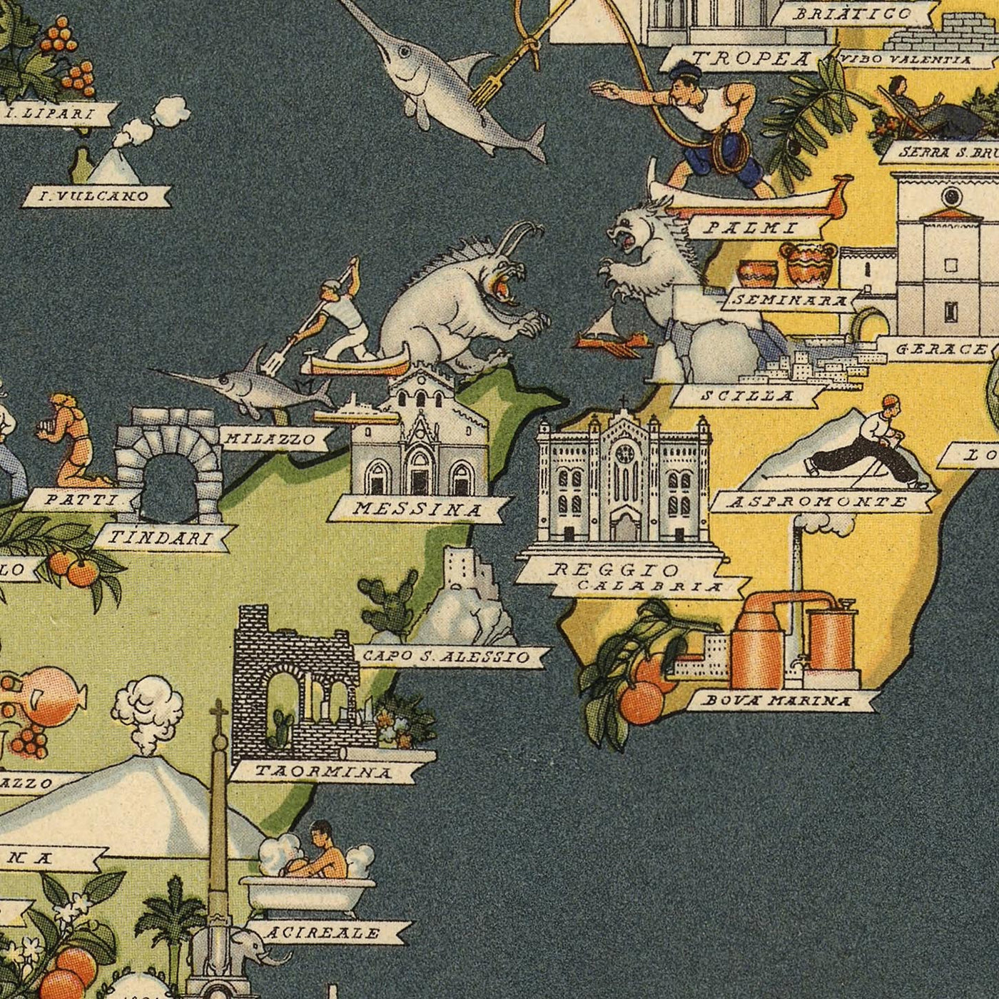 Vecchia mappa pittorica d'Italia di De Agostini, 1938: Roma, Milano, Venezia, Alpi, Regioni, Sicilia, Sardegna, ecc 
