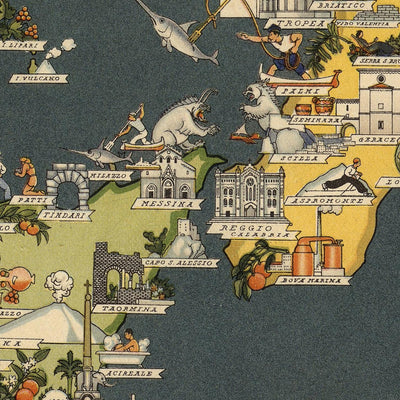 Vecchia mappa pittorica d'Italia di De Agostini, 1938: Roma, Milano, Venezia, Alpi, Regioni, Sicilia, Sardegna, ecc 