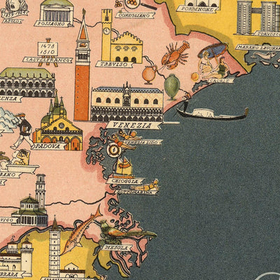 Vecchia mappa pittorica d'Italia di De Agostini, 1938: Roma, Milano, Venezia, Alpi, Regioni, Sicilia, Sardegna, ecc 