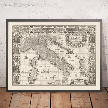 Alte monochrome Karte von Italien, 1627 von John Speed - Korsika, Sardinien, Sizilien, Venedig, Rom, Der Papst 