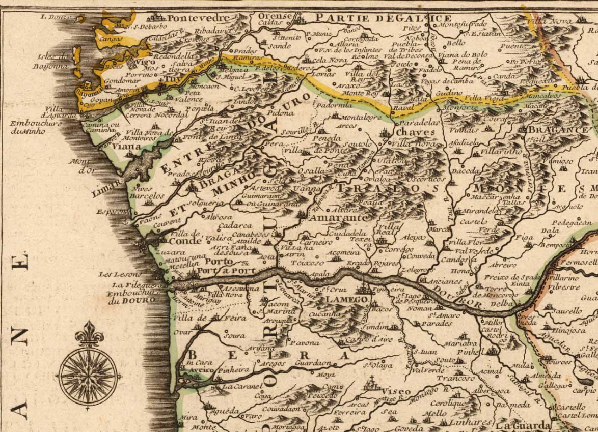 Alte Karte von Algarve & Gibraltar im Jahr 1742 von Nicolas de Fer - Cadiz, Malaga, Sevilla, Marbella, Lissabon, Portugal, Spanien