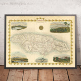 Ancienne carte de la Jamaïque par Tallis et Rapkin en 1851 - Kingston, Portmore, Montego Bay, Black River, Savanna la Mar