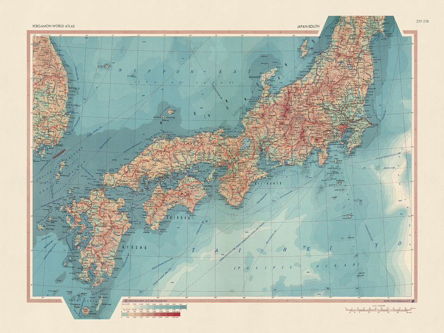 Ancienne carte du Japon, 1967 : carte atlas physique et politique de Honshu, Shikoku et Kyushu 