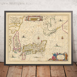 Alte Karte von Japan und Korea von Visscher, 1690: Tokio, Osaka, Sapporo, Pjöngjang, Mount Fuji 