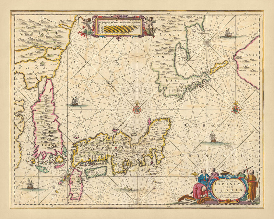 Ancienne carte du Japon et de la Corée par Visscher, 1690 : Tokyo, Osaka, Sapporo, Pyongyang, Mont Fuji