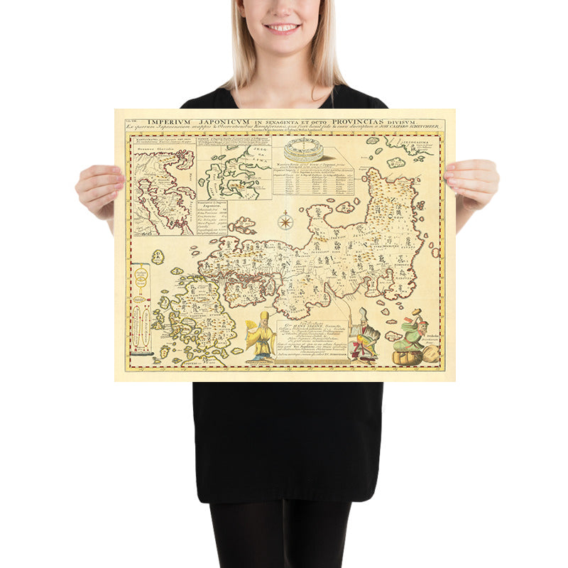 Ancienne carte du Japon par Engelbert Kaempfer, 1727 : Edo, Kyoto, Osaka, Nagasaki, Nagoya