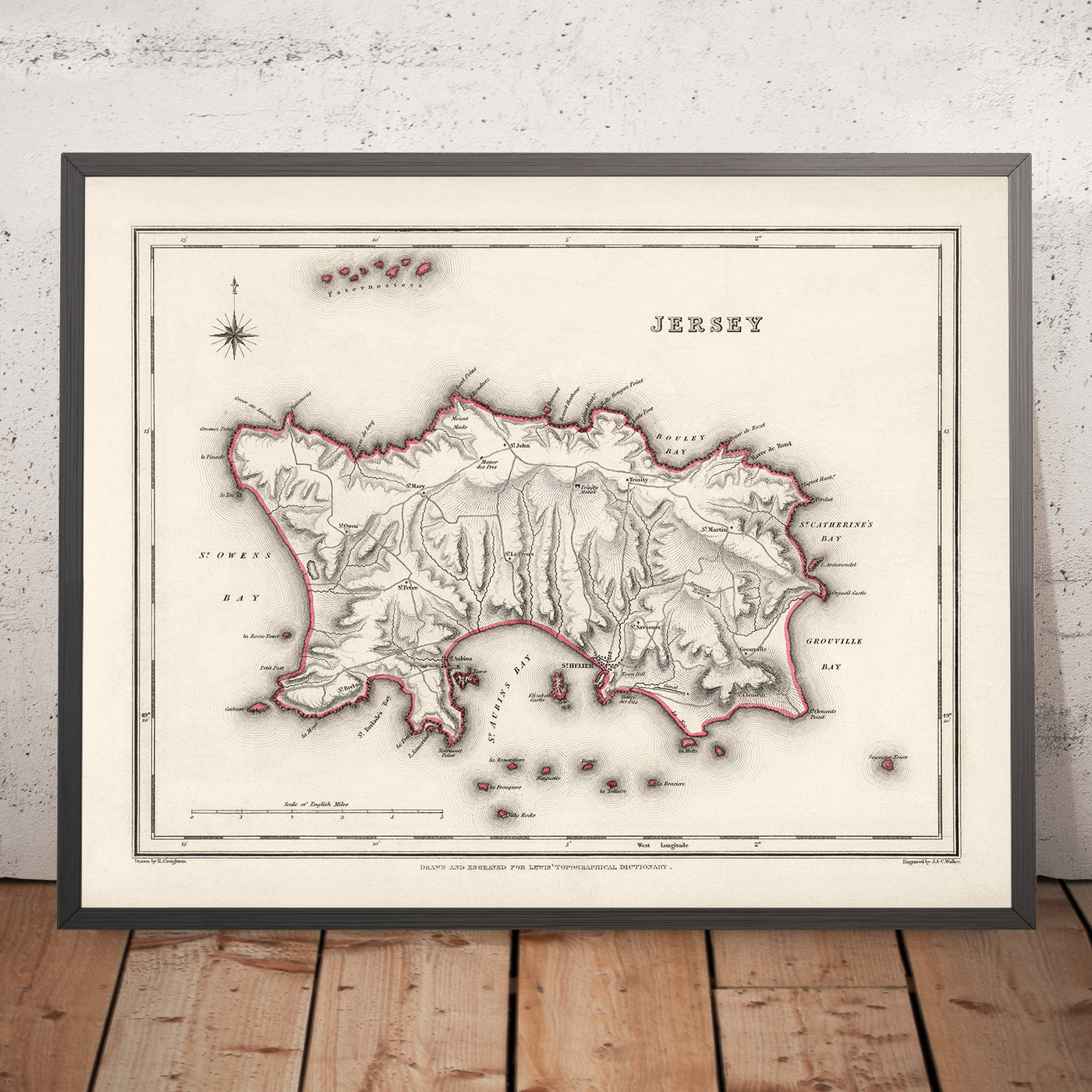 Ancienne carte de Jersey par Samuel Lewis, 1844 : Saint-Hélier, Saint-Brélade, Saint-Clément, Saint-Jean, Saint-Laurent