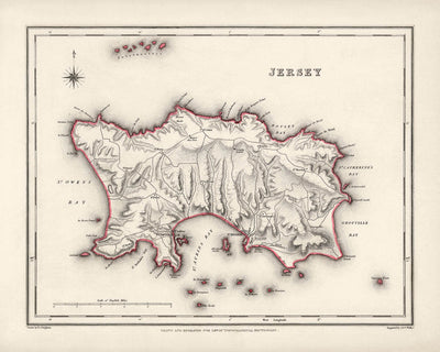 Ancienne carte de Jersey par Samuel Lewis, 1844 : Saint-Hélier, Saint-Brélade, Saint-Clément, Saint-Jean, Saint-Laurent