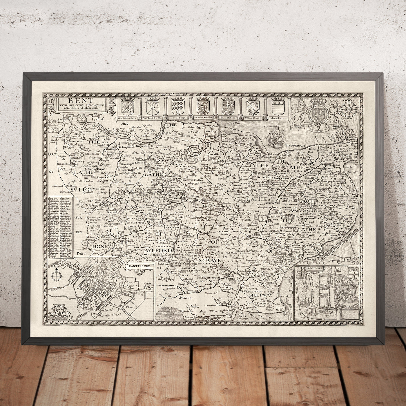 Mapa antiguo de Kent, 1611 de John Speed ​​- Canterbury, Maidstone, Bromley, Tunbridge, Margate