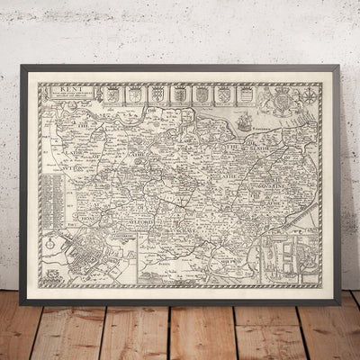 Mapa antiguo de Kent, 1611 de John Speed ​​- Canterbury, Maidstone, Bromley, Tunbridge, Margate
