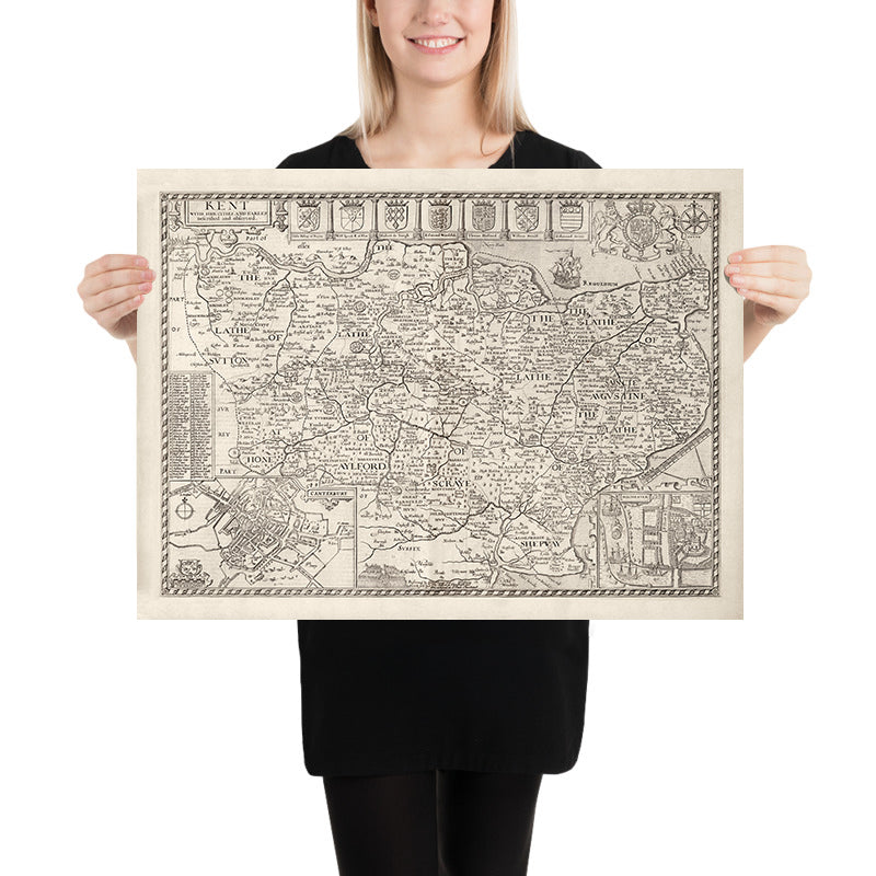 Mapa antiguo de Kent, 1611 de John Speed ​​- Canterbury, Maidstone, Bromley, Tunbridge, Margate