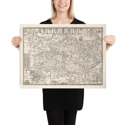 Mapa antiguo de Kent, 1611 de John Speed ​​- Canterbury, Maidstone, Bromley, Tunbridge, Margate