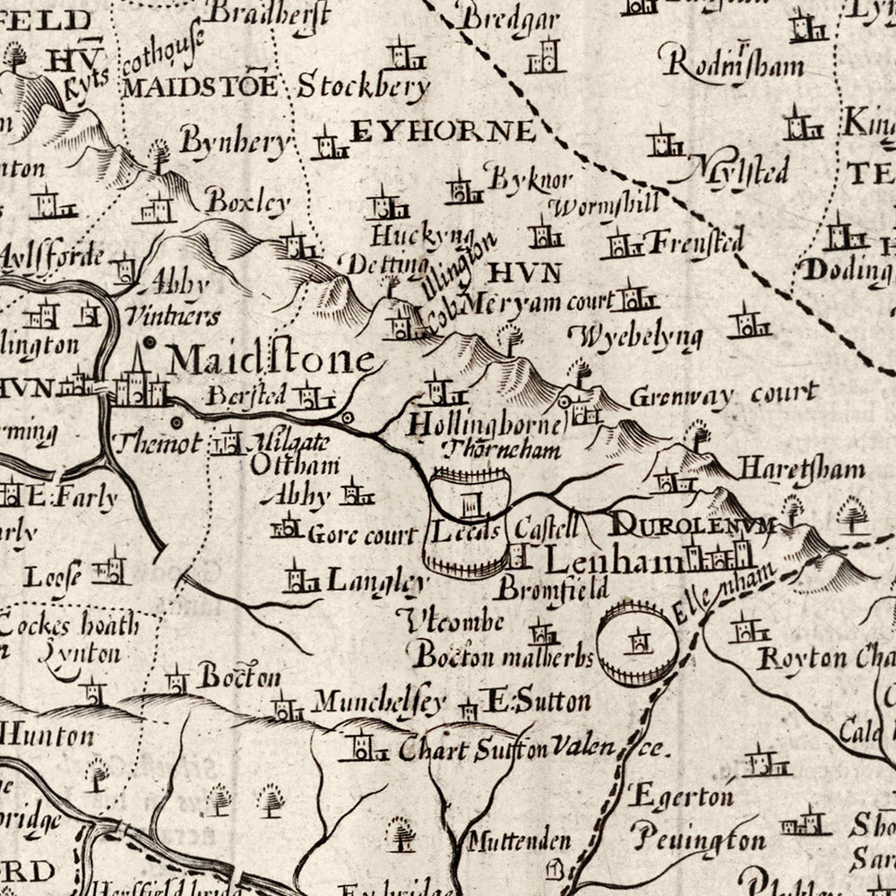 Mapa antiguo de Kent, 1611 de John Speed ​​- Canterbury, Maidstone, Bromley, Tunbridge, Margate