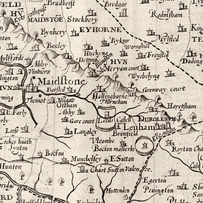 Mapa antiguo de Kent, 1611 de John Speed ​​- Canterbury, Maidstone, Bromley, Tunbridge, Margate