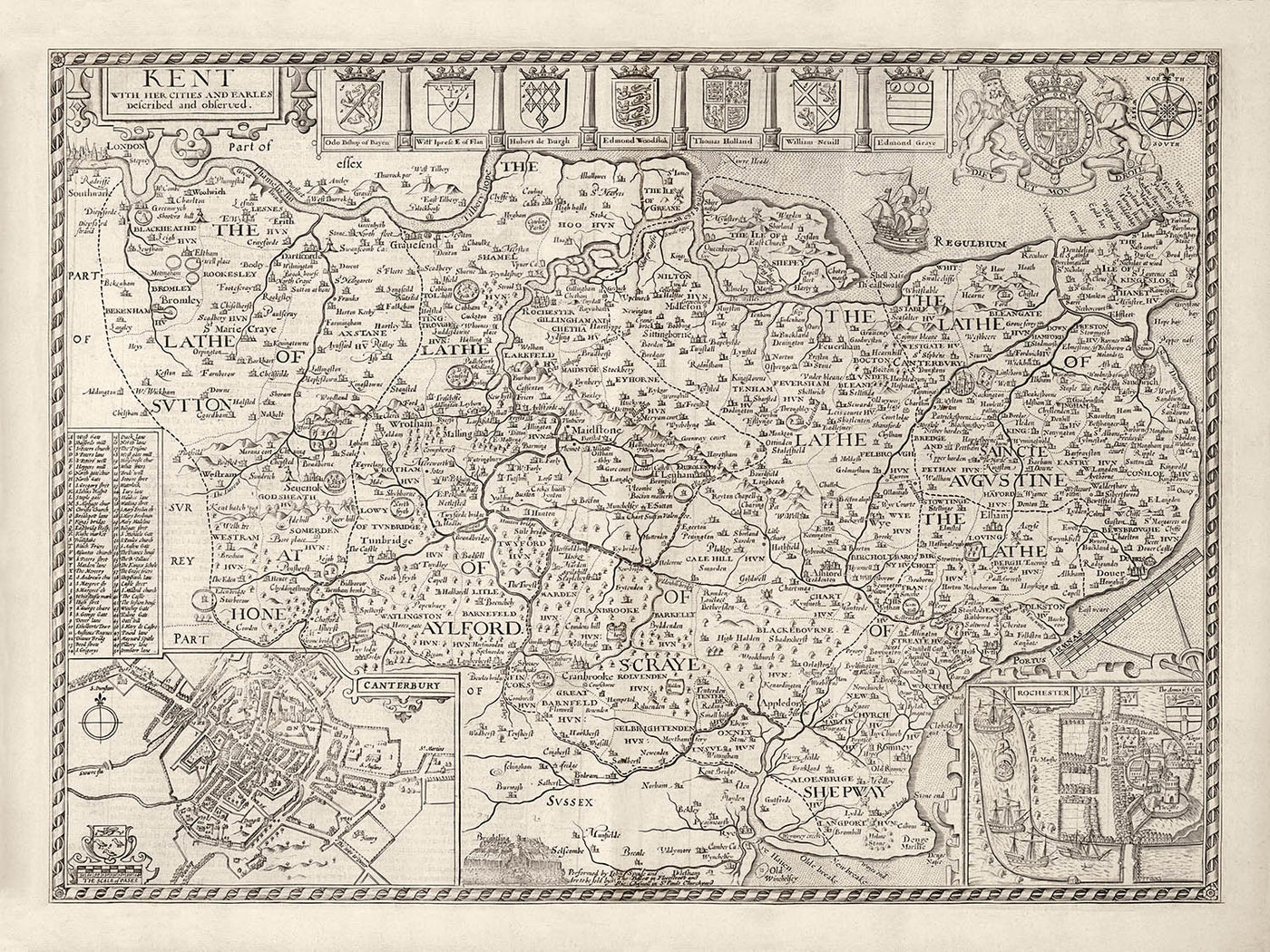 Mapa antiguo de Kent, 1611 de John Speed ​​- Canterbury, Maidstone, Bromley, Tunbridge, Margate