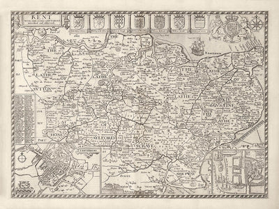 Mapa antiguo de Kent, 1611 de John Speed ​​- Canterbury, Maidstone, Bromley, Tunbridge, Margate