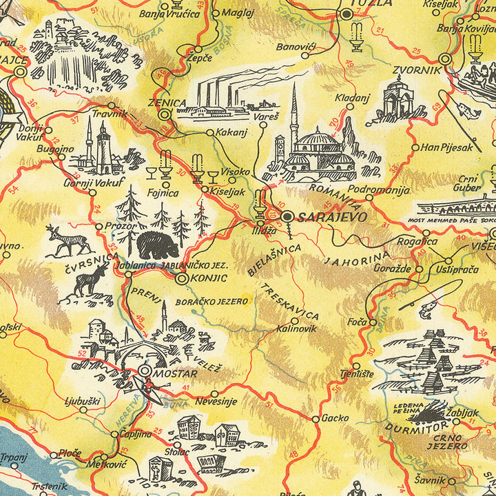 Old Pictorial Map of Yugoslavia by Kopac, 1959: Belgrade, Zagreb