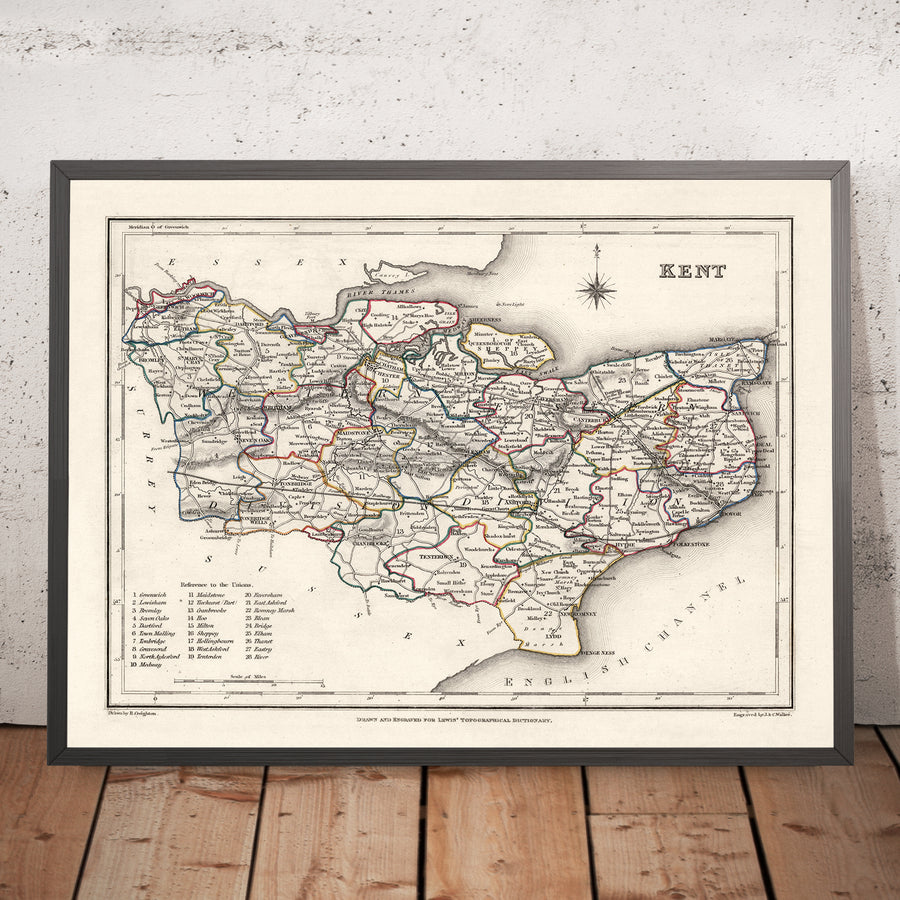 Old Map of Kent by Samuel Lewis, 1844: Maidstone, Gillingham, Ashford, Royal Tunbridge Wells, and Margate