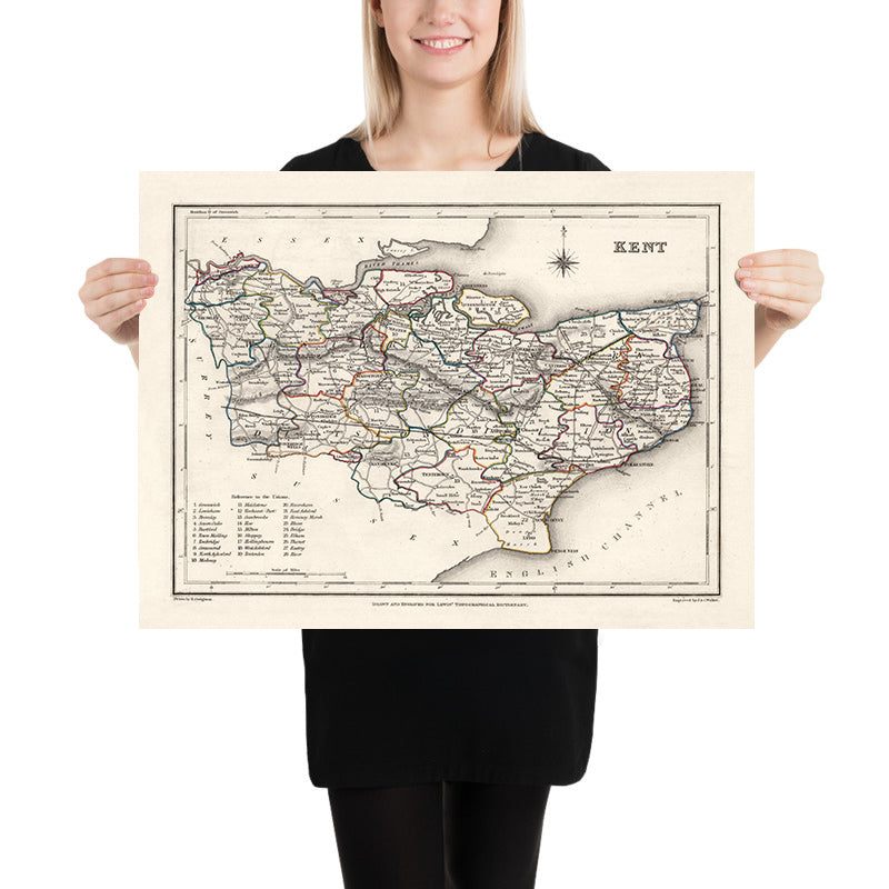 Old Map of Kent by Samuel Lewis, 1844: Maidstone, Gillingham, Ashford, Royal Tunbridge Wells, and Margate