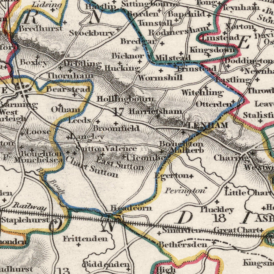 Old Map of Kent by Samuel Lewis, 1844: Maidstone, Gillingham, Ashford, Royal Tunbridge Wells, and Margate