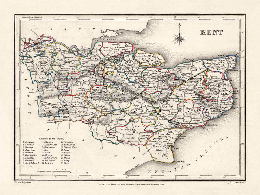 Old Map of Kent by Samuel Lewis, 1844: Maidstone, Gillingham, Ashford, Royal Tunbridge Wells, and Margate