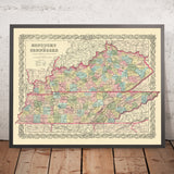 Antigua mapa de Kentucky y Tennessee por J. H. Colton, 1855: Louisville, Lexington, Frankfort, Covington y Bowling Green 