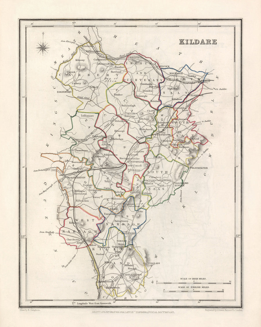 Alte Karte des County Kildare von Samuel Lewis, 1844: Naas, Athy, Maynooth, Newbridge, Curragh 