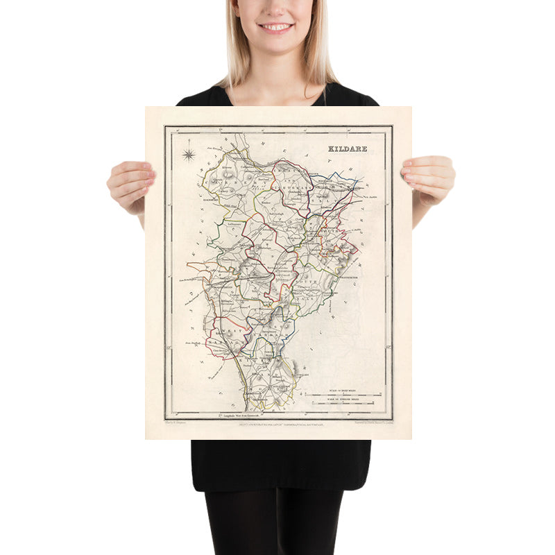 Alte Karte des County Kildare von Samuel Lewis, 1844: Naas, Athy, Maynooth, Newbridge, Curragh 