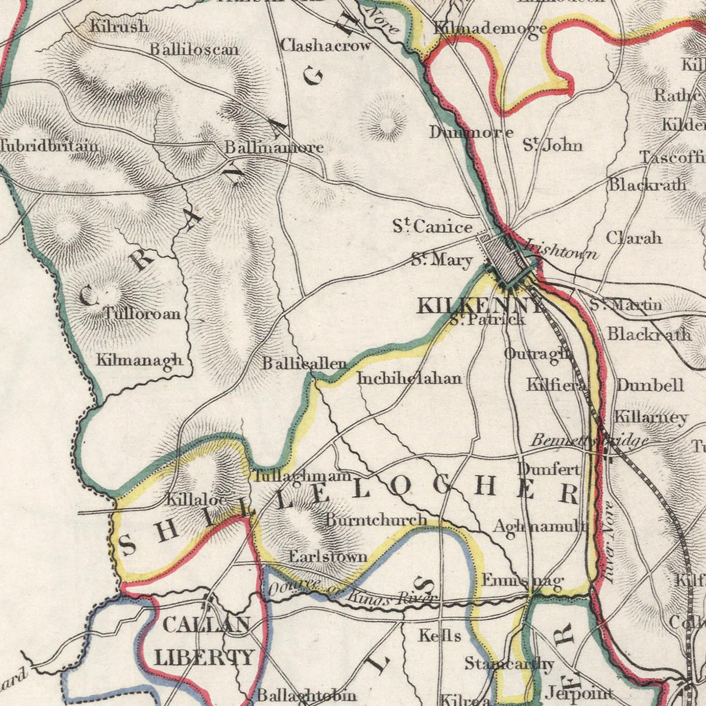 Old Map of County Kilkenny by Samuel Lewis, 1844: Thomastown, Callan, Castlecomer, Graiguenamanagh, Jerpoint Abbey