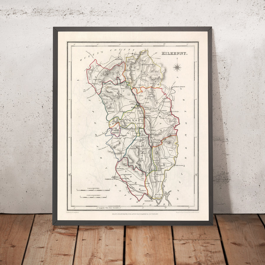 Alte Karte des Countys Kilkenny von Samuel Lewis, 1844: Thomastown, Callan, Castlecomer, Graiguenamanagh, Jerpoint Abbey 