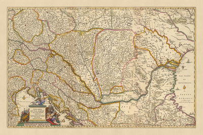 Mapa antiguo del Reino de Hungría por Visscher, 1690: Budapest, Viena, Zagreb, Bucarest, Bratislava