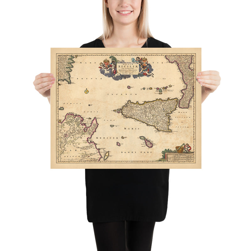 Mappa antica del Regno di Sicilia di Visscher, 1690: Palermo, Catania, Tunisi, Malta, Parco dell&