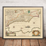 Old Map of the Kingdoms of Granada & Murcia, Spain by Visscher, 1690: Málaga, Gibraltar, Seville, Murcia, Tangier
