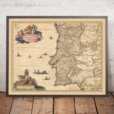 Ancienne carte des royaumes du Portugal et de l'Algarve par Visscher, 1690 : Lisbonne, Porto, Séville, Salamanque, Serra da Estrela