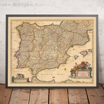 Alte Karte der Königreiche Spanien und Portugal von Visscher, 1690: Madrid, Lissabon, Barcelona, Gibraltar, Porto 