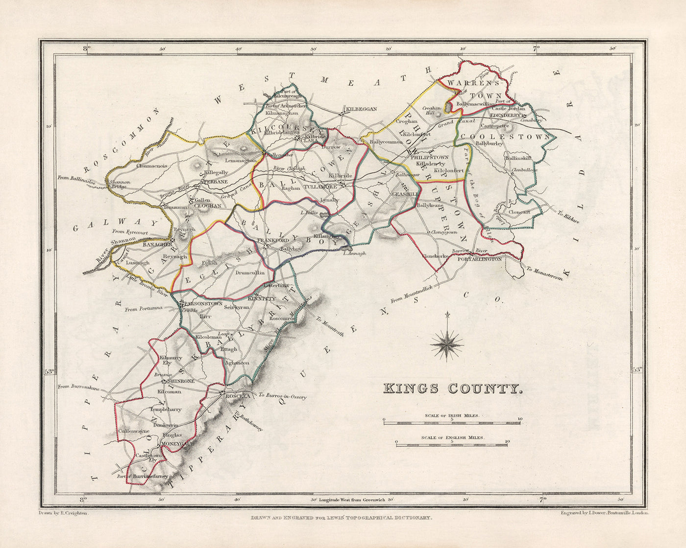 Ancienne carte du comté d'Offaly (King's) par Samuel Lewis, 1844 : Tullamore, Birr, Banagher, Clara, Edenderry