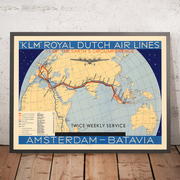 Mappa KLM antica di Amsterdam a Batavia (Giakarta), 1934: Rotte aeree, servizio bisettimanale 
