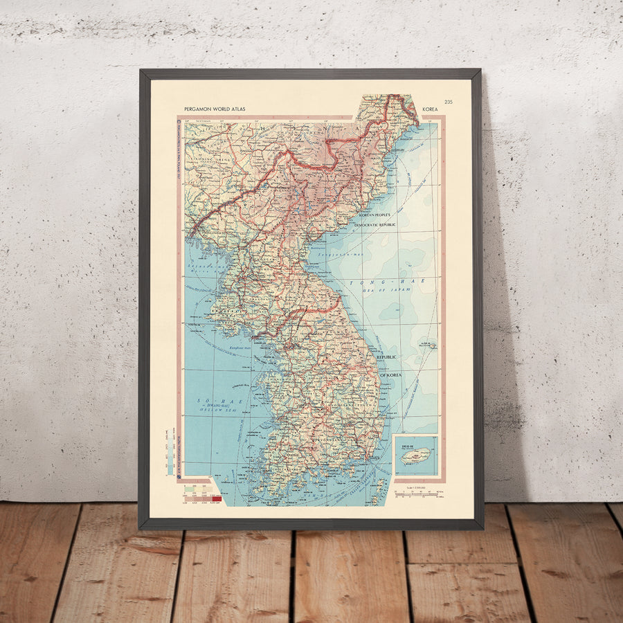 Ancienne carte de la Corée du Nord et de la Corée du Sud, 1967 : Séoul, Busan, île de Jeju, guerre de Corée, montagnes Taebaek 