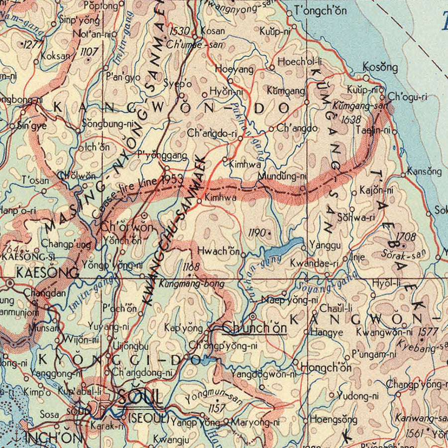 Ancienne carte de la Corée du Nord et de la Corée du Sud, 1967 : Séoul, Busan, île de Jeju, guerre de Corée, montagnes Taebaek 