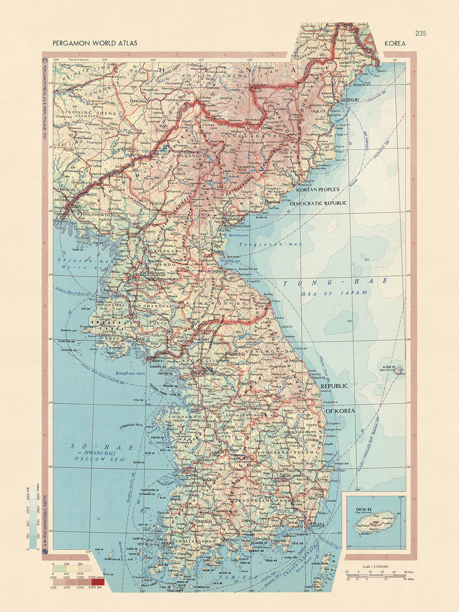Ancienne carte de la Corée du Nord et de la Corée du Sud, 1967 : Séoul, Busan, île de Jeju, guerre de Corée, montagnes Taebaek 