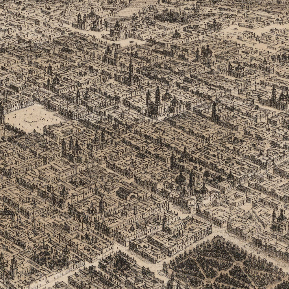 Mapa antiguo de la Ciudad de México a vista de pájaro, realizado por Decaen, 1862: Catedral, Tacuba, parques, montañas, Plaza Mayor