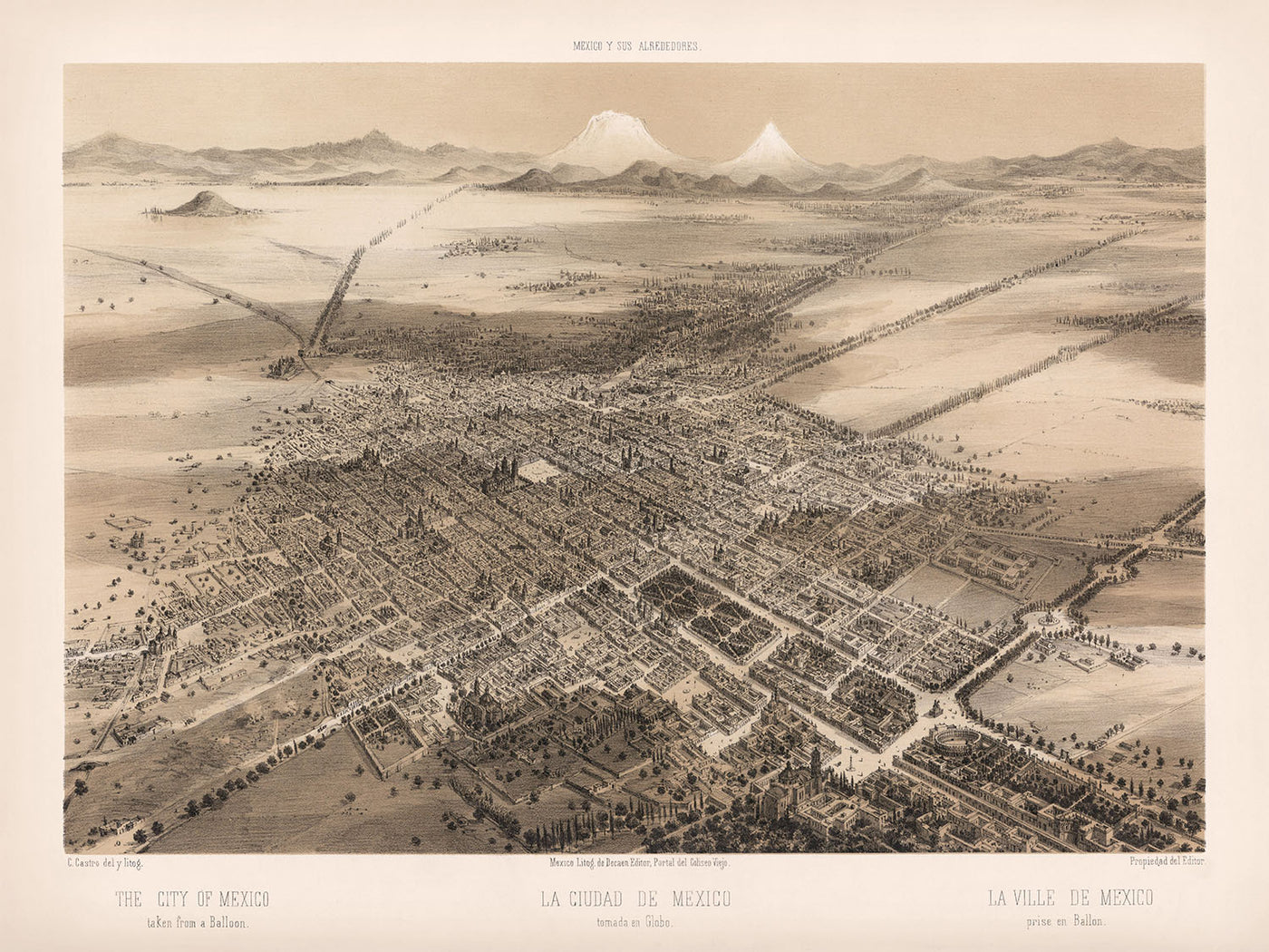 Mapa antiguo de la Ciudad de México a vista de pájaro, realizado por Decaen, 1862: Catedral, Tacuba, parques, montañas, Plaza Mayor