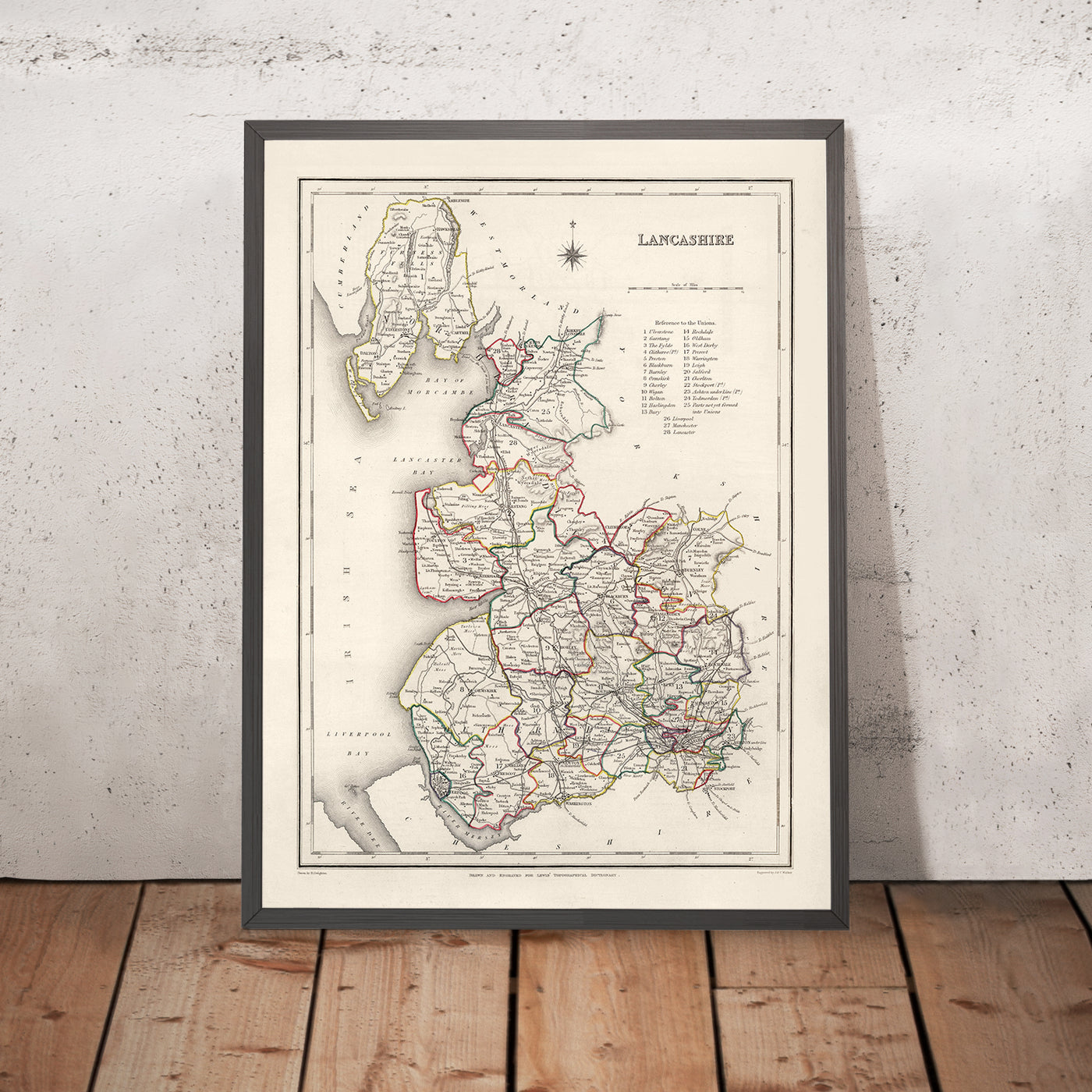 Alte Karte von Lancashire von Samuel Lewis, 1844: Manchester, Liverpool, Preston, Blackburn und Oldham 