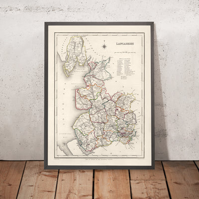 Alte Karte von Lancashire von Samuel Lewis, 1844: Manchester, Liverpool, Preston, Blackburn und Oldham 