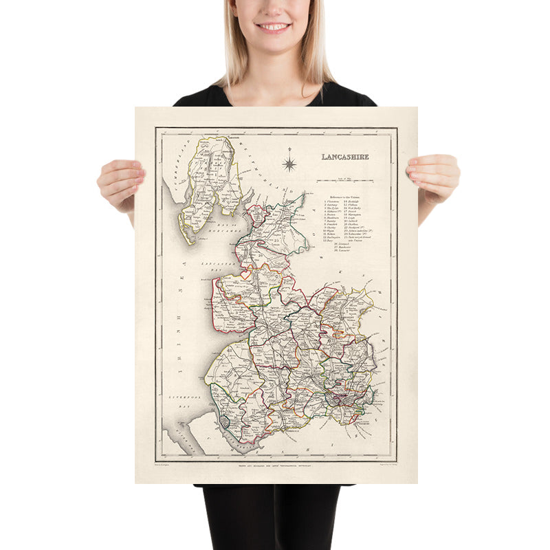 Alte Karte von Lancashire von Samuel Lewis, 1844: Manchester, Liverpool, Preston, Blackburn und Oldham 